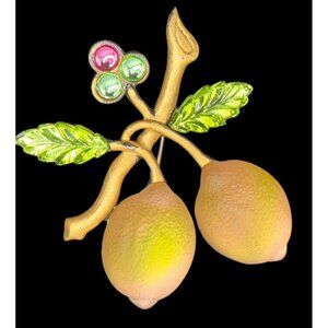 Rare VTG Loran Glass Lemon Brooch Pin Frosted Fruit Art Lime Textured Gold Tone